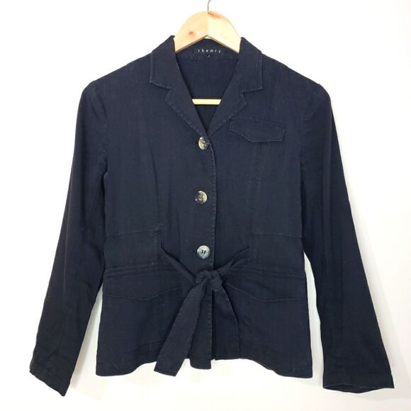 Theory Size 2 XSmall Black Linen Cropped Tie Waist Blazer Jacket - Picture 1 of 12